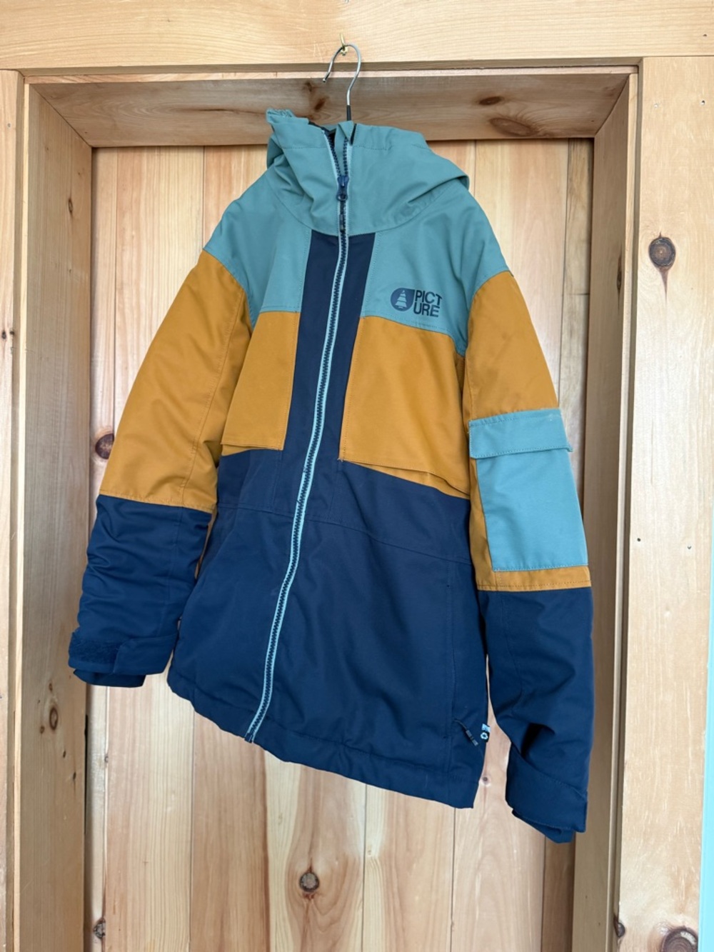Picture Organic Kids Colorblock Puffer Jacket in Teal, Mustard & Navy
